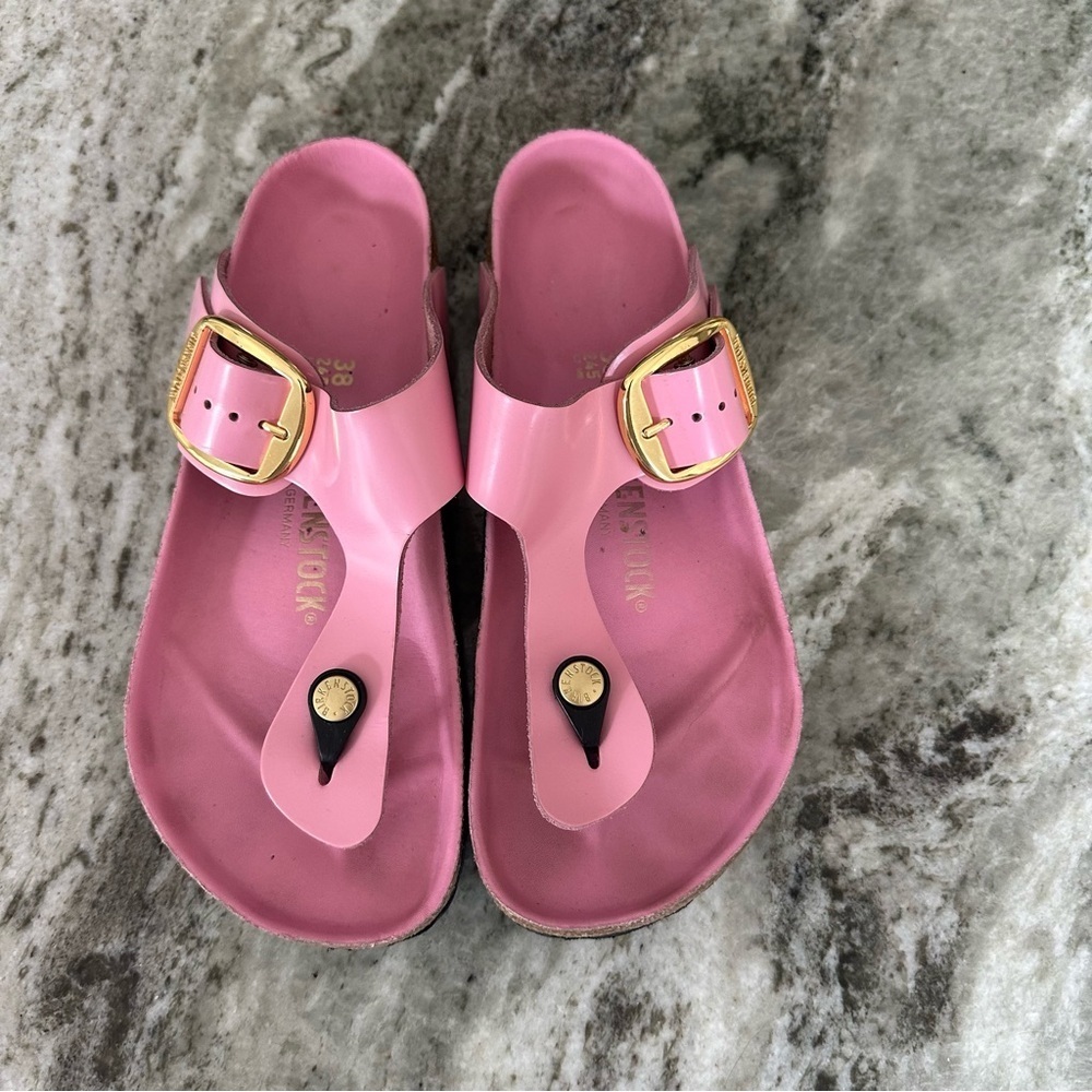 BIRKENSTOCK WOMENS GIZEH BIG BUCKLE NATURAL LEATHER PATENT SANDALS 38/7 - Picture 2 of 9